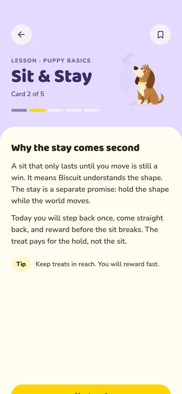 A Sit and Stay lesson card explaining why the stay comes second